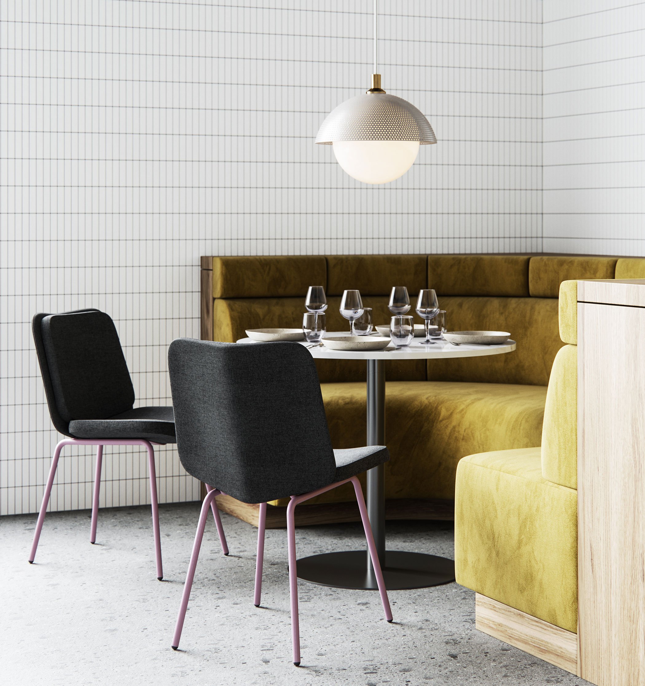 Modern Upholstered Dining Chair in Restaurant with Lavender legs and Black Fabric