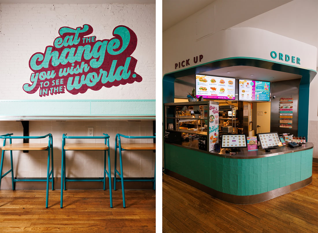 Left: counter stools with teal green frame in front of a wall that says eat the change you with to see in the world. Right: Wrap around ordering counter with teal green tiles and TV menus. 