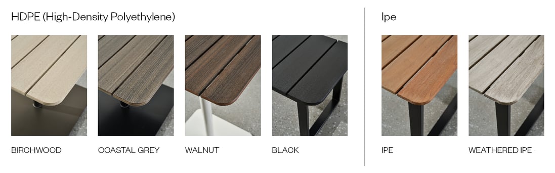 Outdoor material finishes from left to right: Birchwood, Coastal Grey, Walnut, Black, Ipe and Weathered Ipe