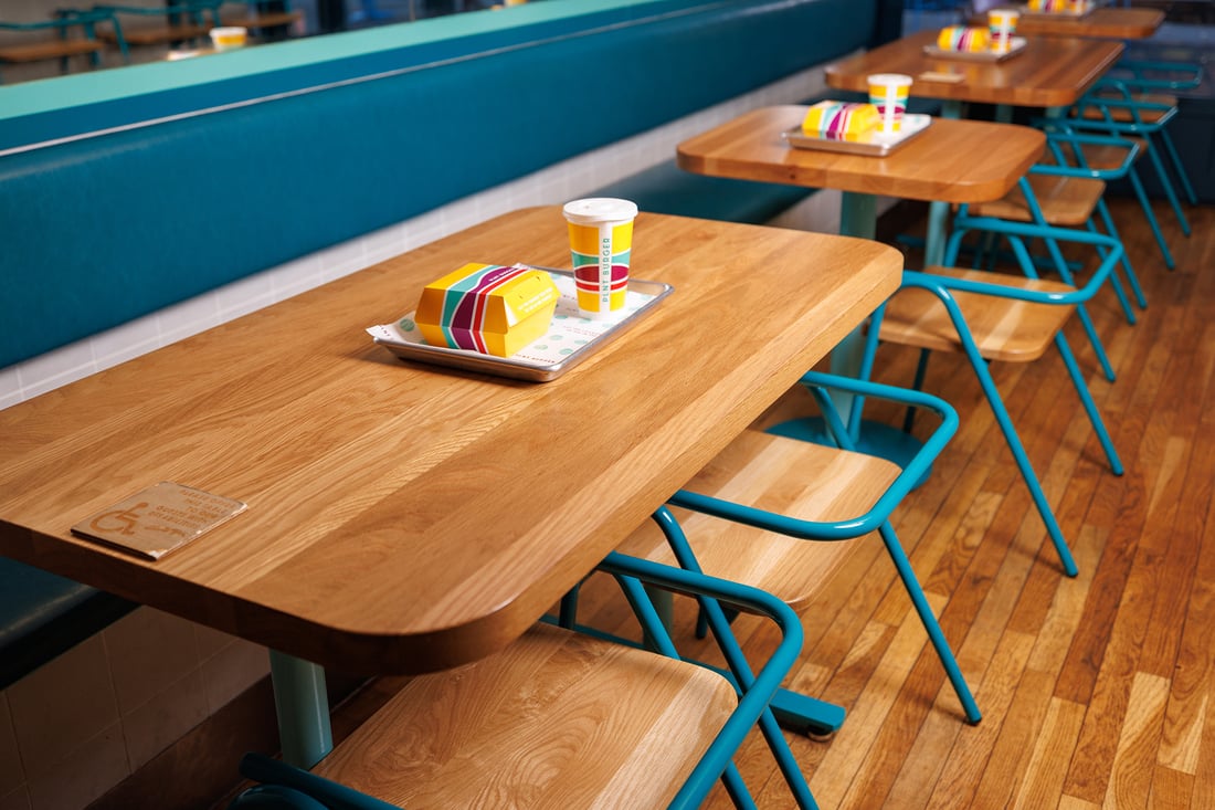 Row of tables and chairs in a poppy teal color combined with natural finish table tops and floors. 