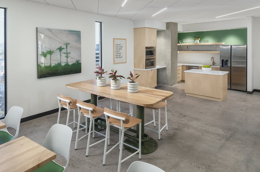 Commercial breakroom with Frankie Bar Table and Ferdinand Barstools
