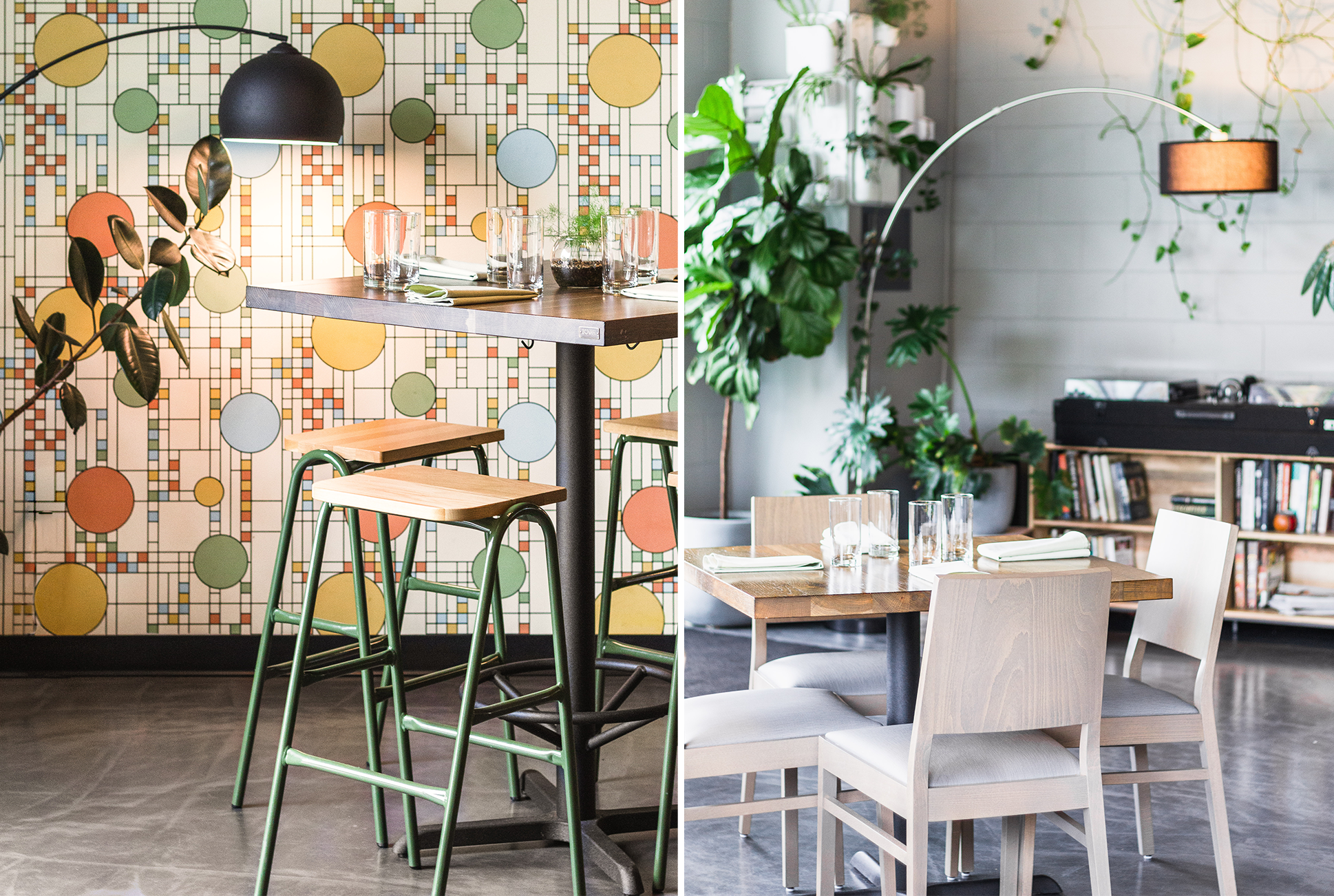 Olive Green barstools in a restaurant with geometric wallpaper and moody lighting. 